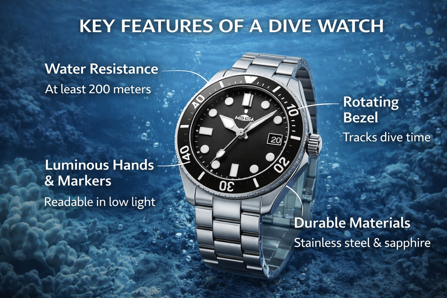 dive watch diagram highlighting water resistance rotating bezel luminous markers and durable stainless steel case