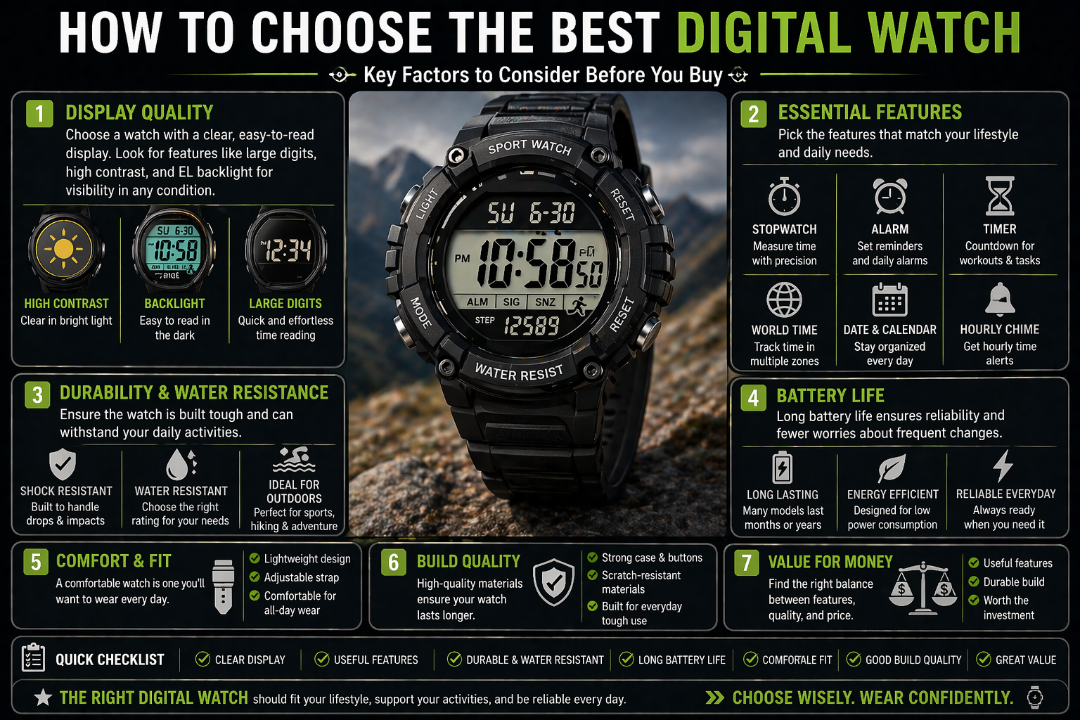 how to choose a digital watch including display quality essential features durability water resistance battery life and comfort