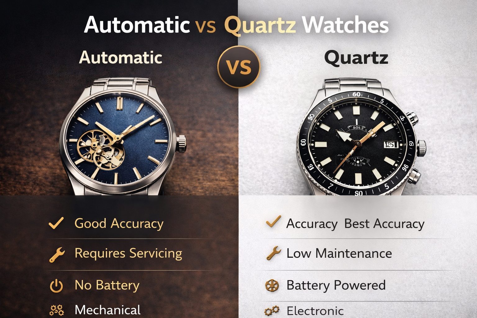 automatic vs quartz watches comparison infographic highlighting accuracy maintenance power source and movement differences
