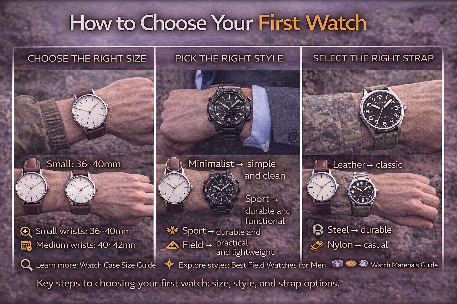 beginner watch buying guide including case size style types and strap options for first time watch buyers