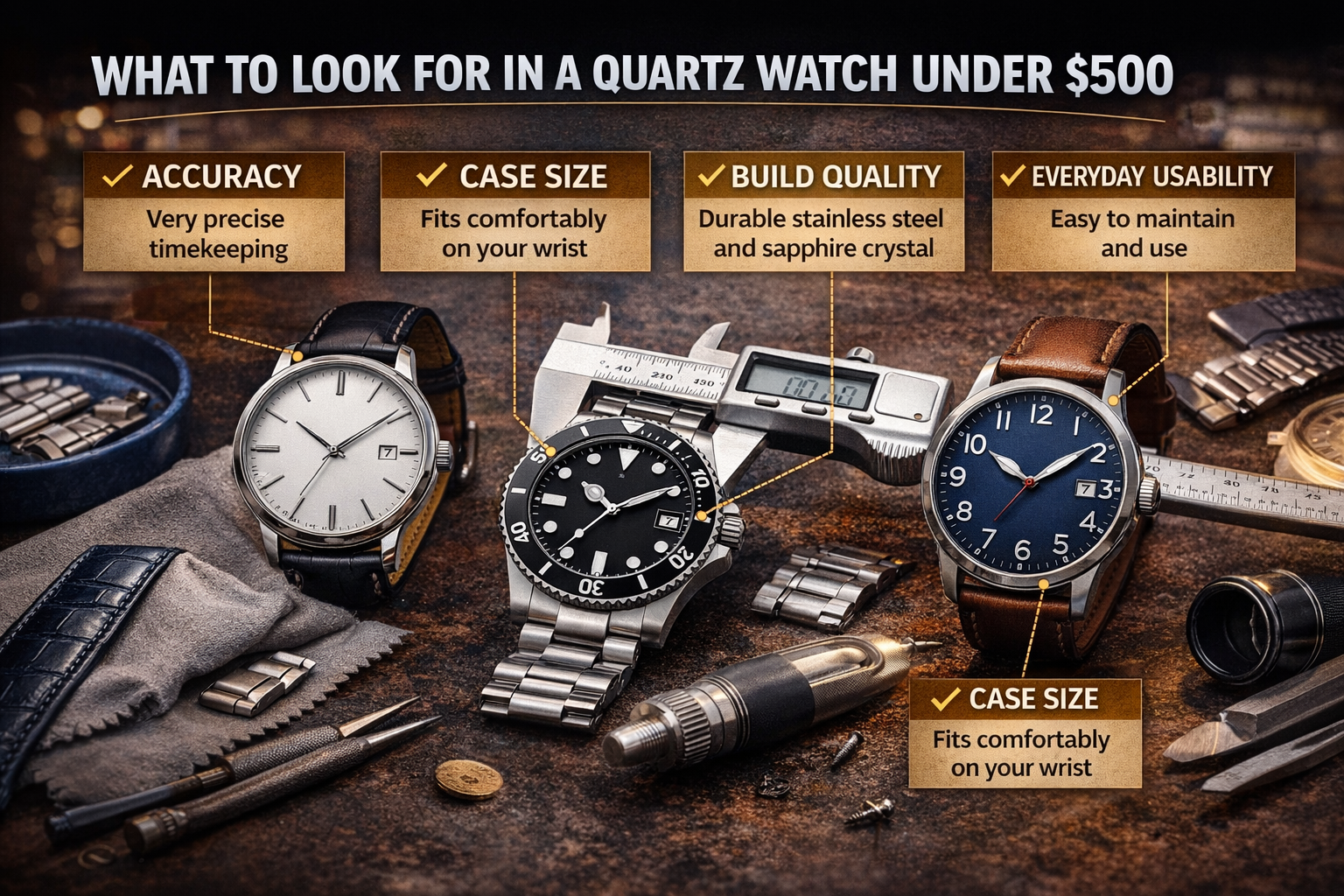 infographic showing what to look for in a quartz watch including accuracy case size materials and usability under 500 dollars