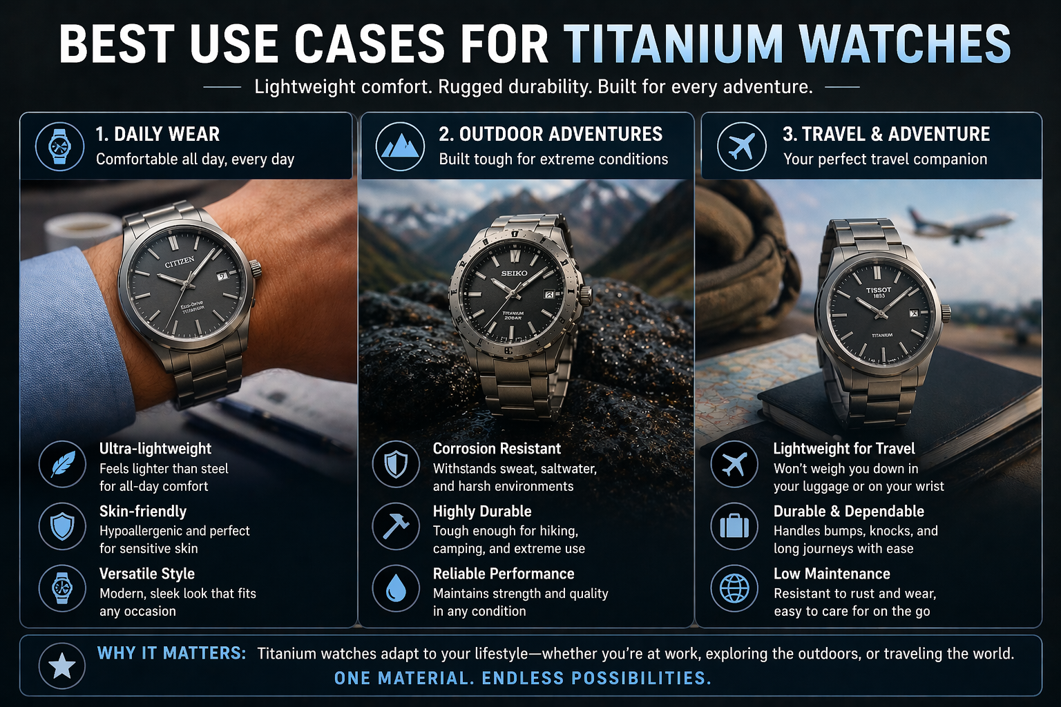 titanium watch use cases showing lightweight comfort for daily wear durability for outdoor adventures and travel use