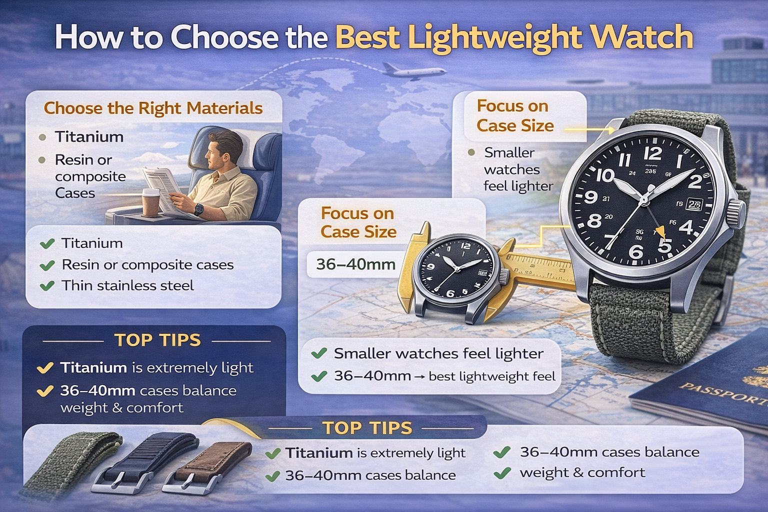 lightweight travel watch buying guide including titanium materials 36 to 40mm case size and comfortable strap options