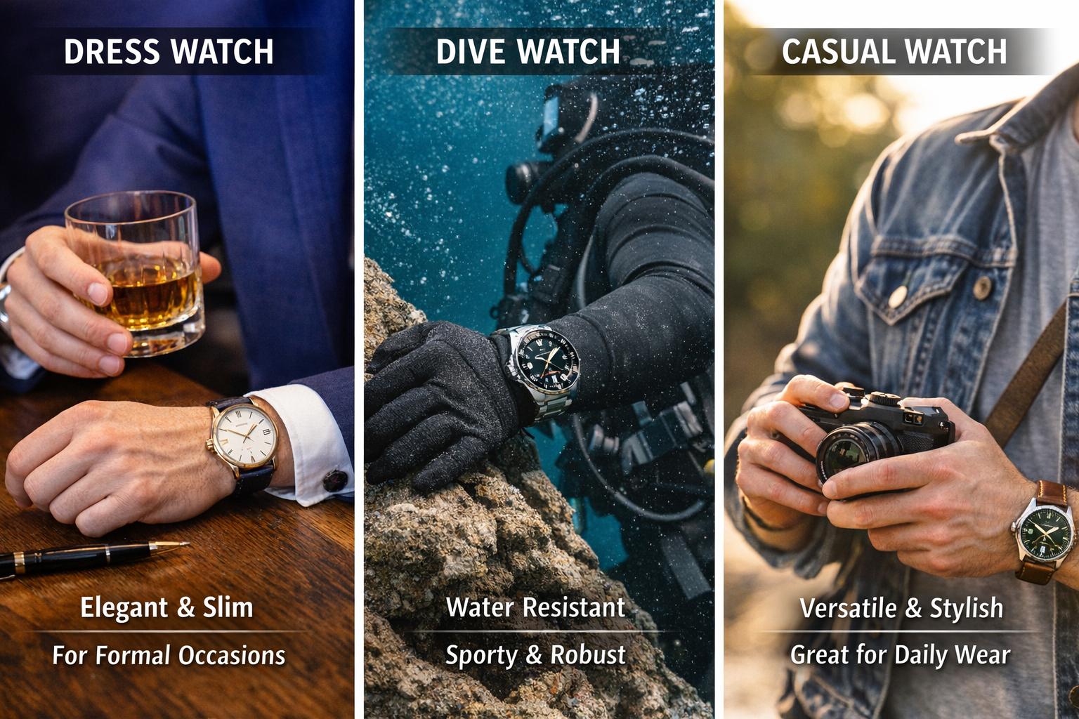 infographic comparing dress dive and casual automatic watches showing style differences for formal diving and everyday wear