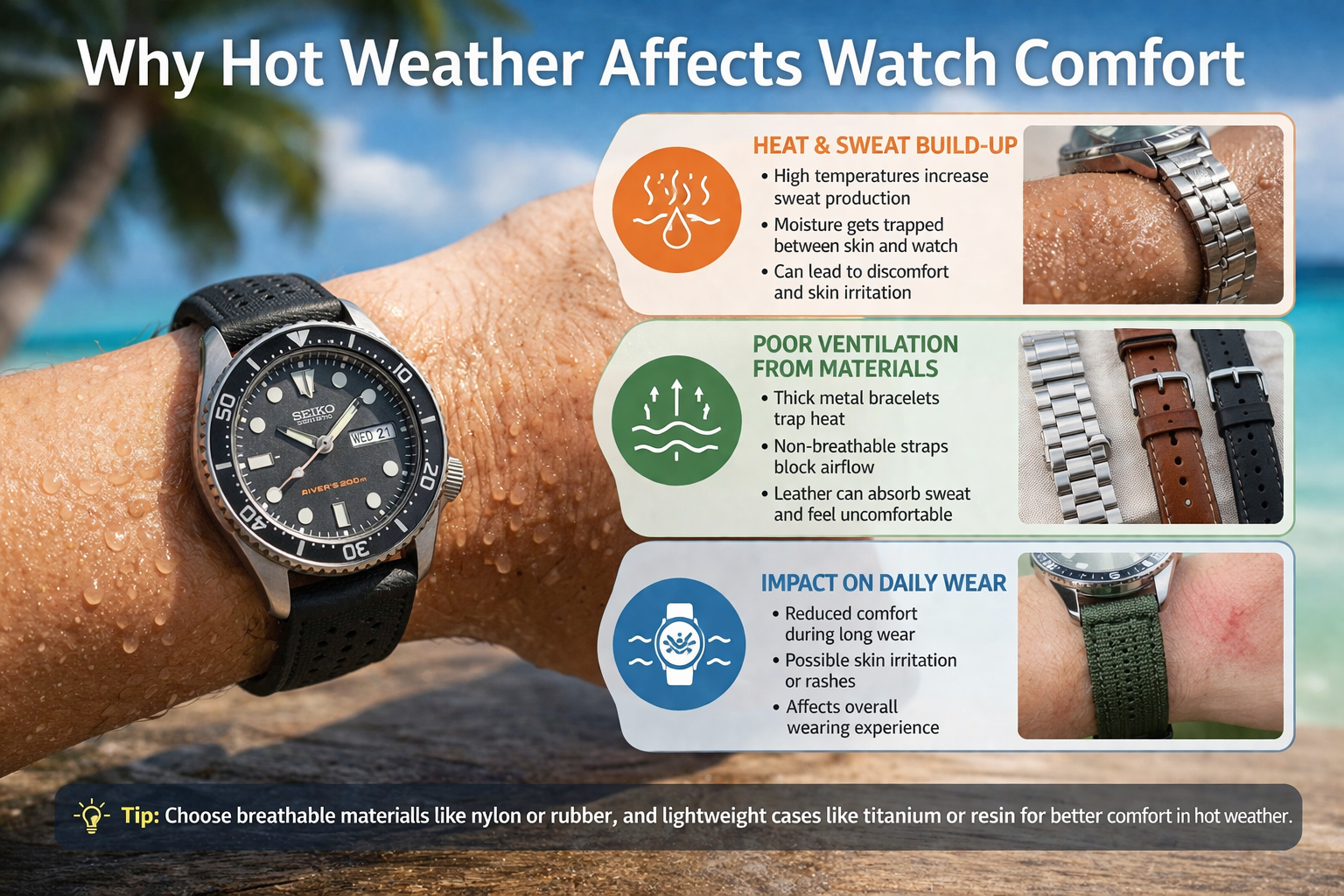 hot weather watch comfort issues including sweat buildup poor ventilation from materials and impact on daily wear in warm climates