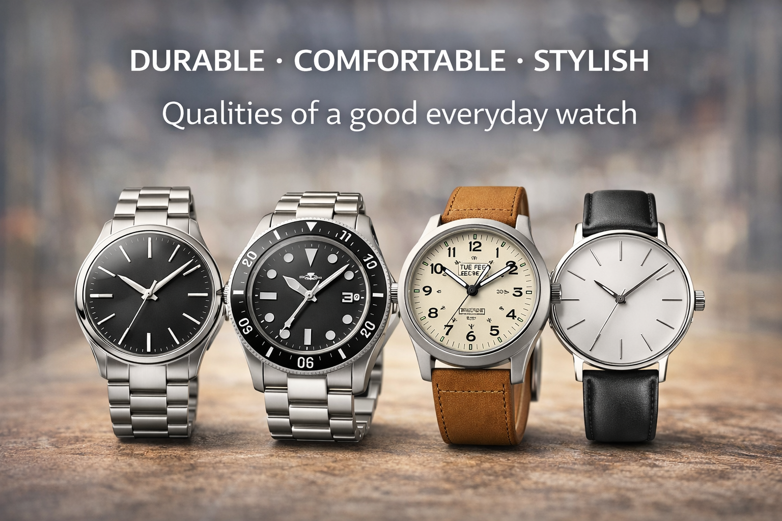 different styles of everyday watches including stainless steel bracelet and leather strap watches for daily use