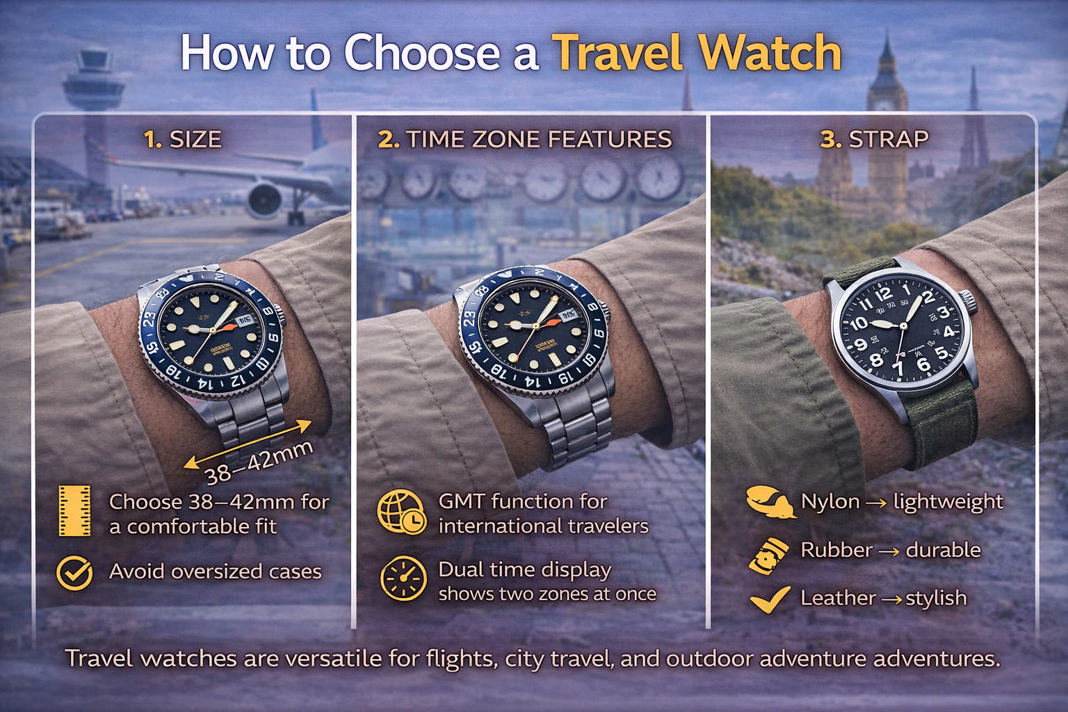 travel watch buying guide including case size gmt dual time function and strap types for comfort and durability
