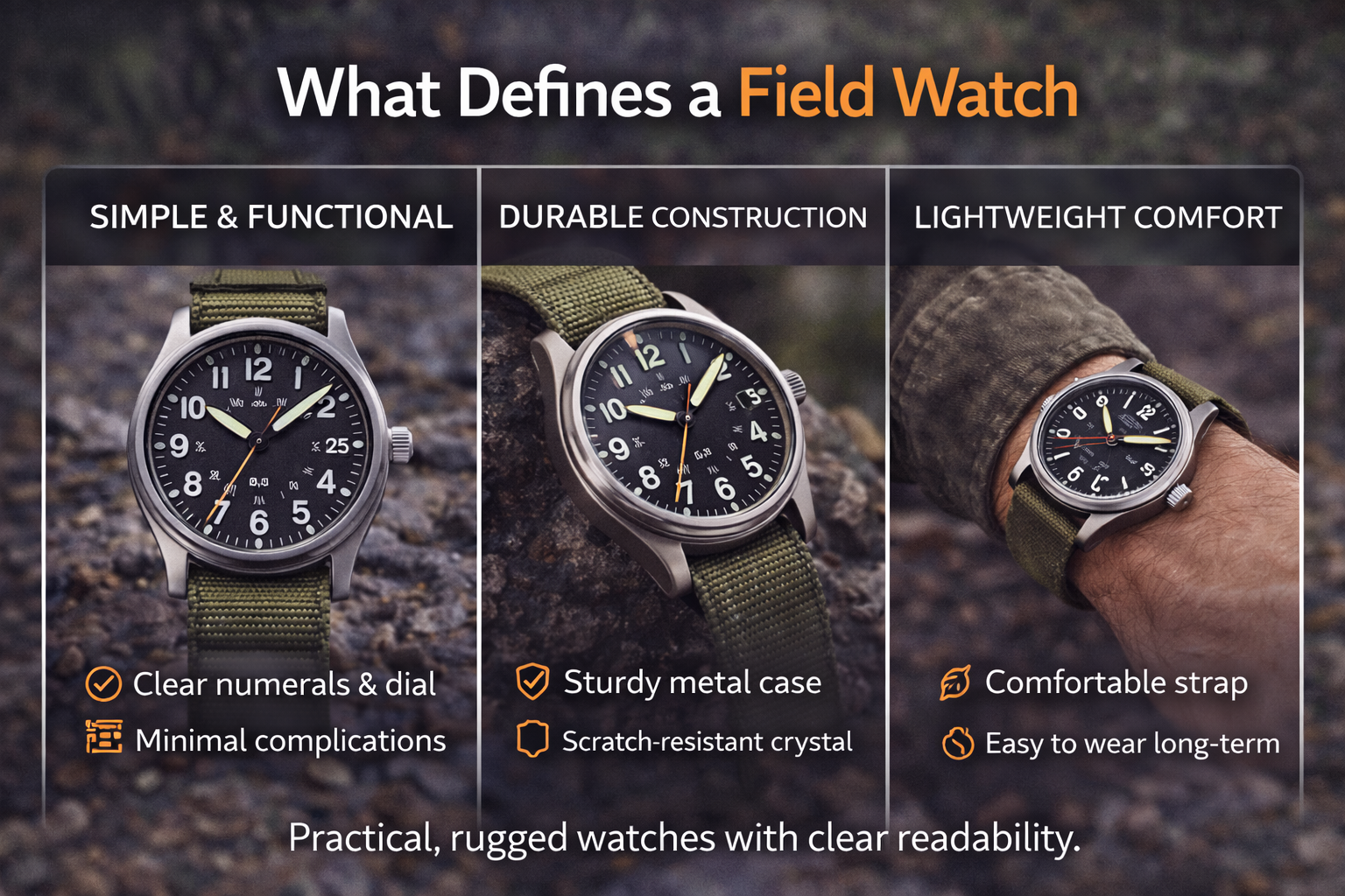 field watch features including simple readable dial durable construction and lightweight comfort for outdoor and everyday wear