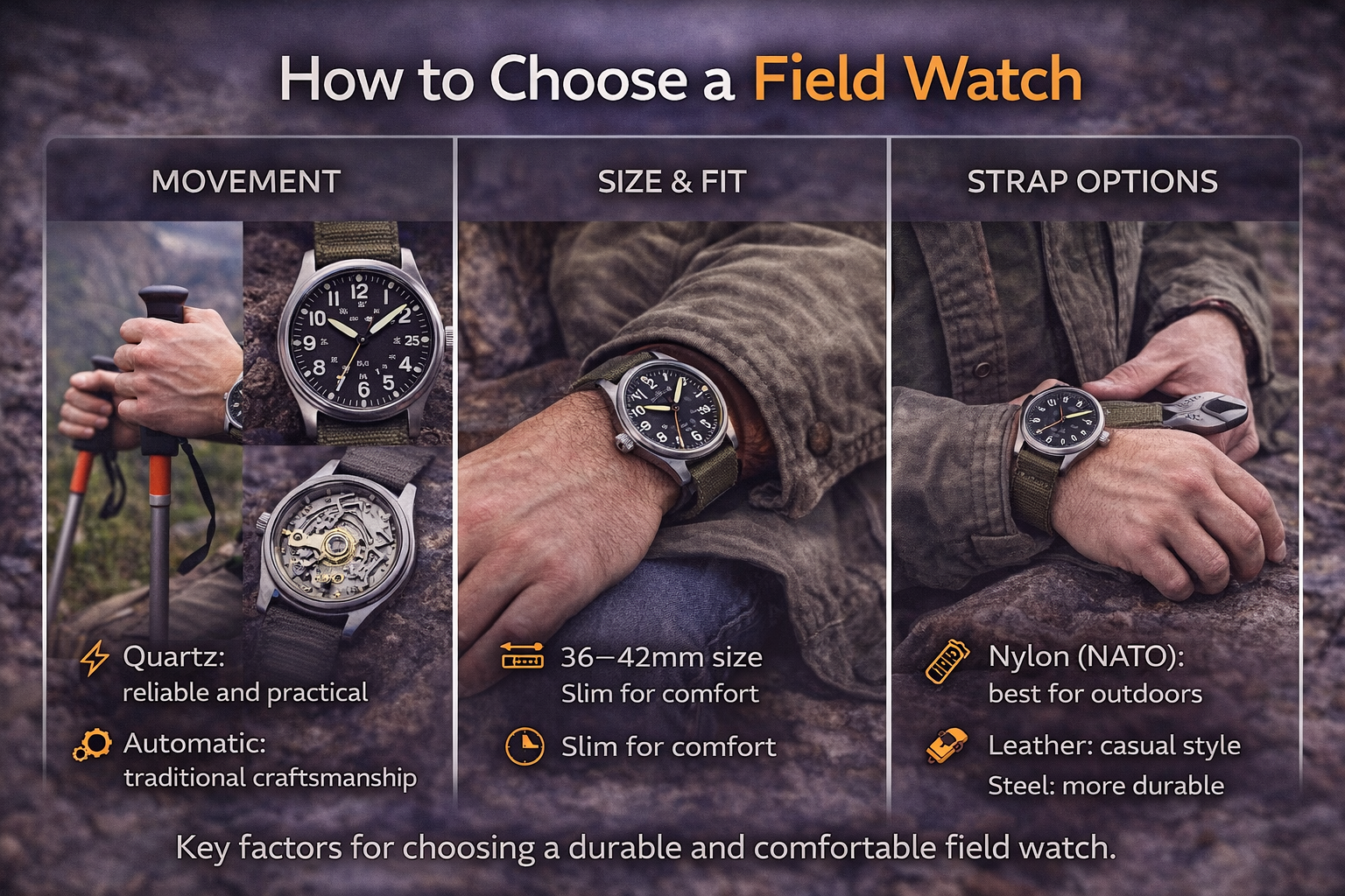 field watch buying guide including size movement type and strap choices for outdoor durability and comfort