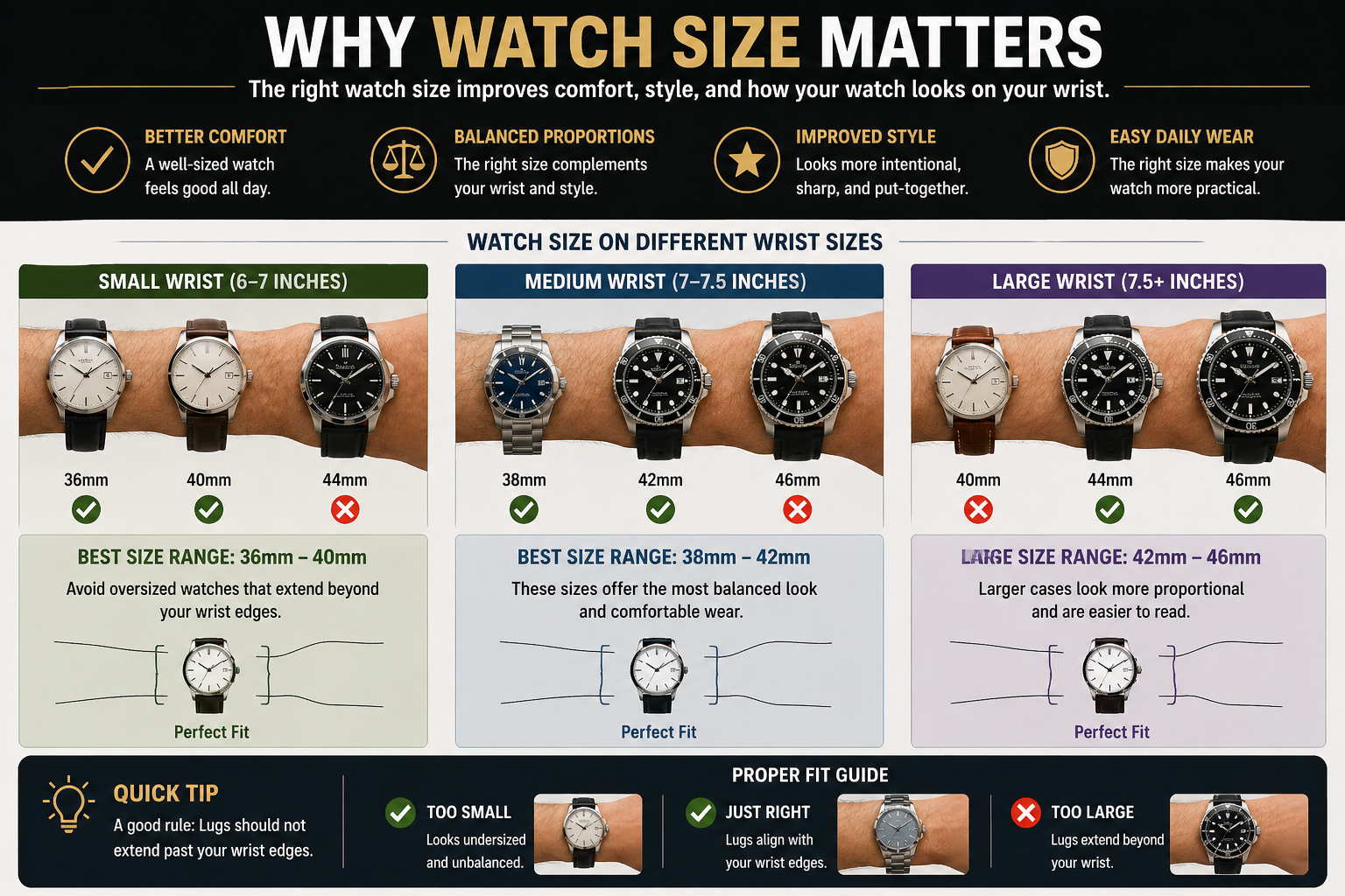 why watch size matters showing small medium large wrist comparison and proper watch fit for comfort style and balanced proportions