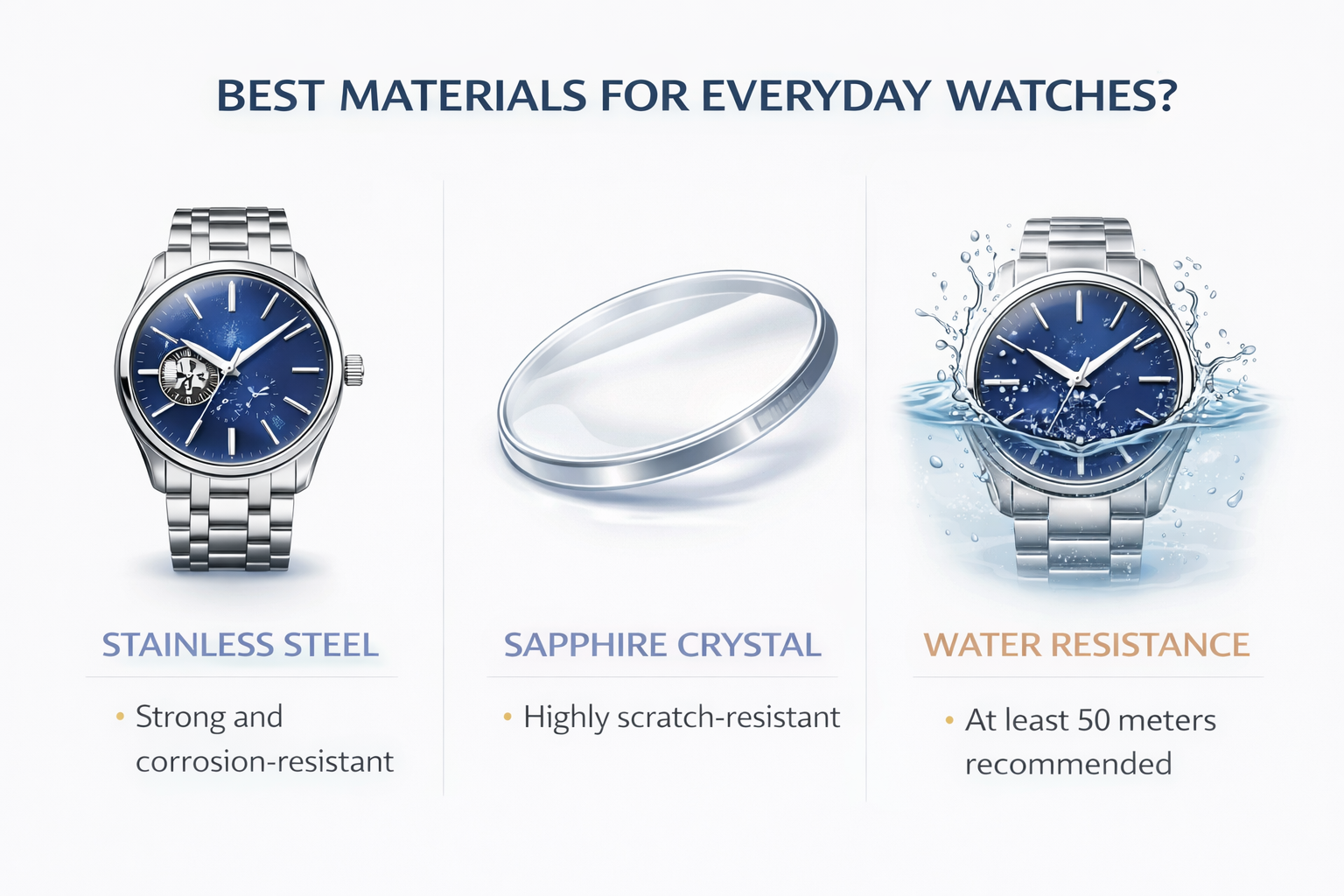everyday watch materials infographic showing stainless steel case sapphire crystal glass and water resistance features