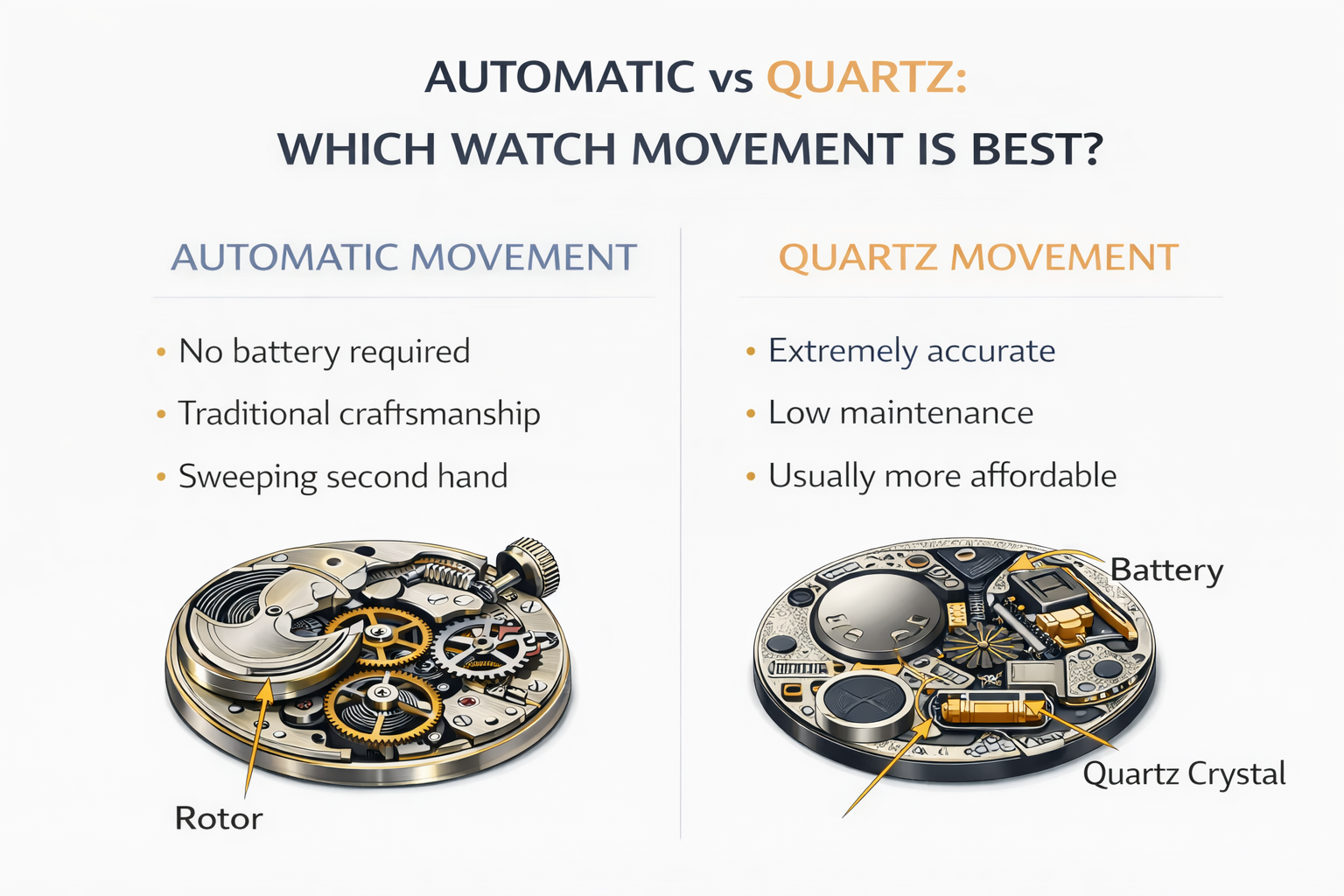 watch movement types comparison showing automatic mechanical movement and quartz battery powered watch mechanism