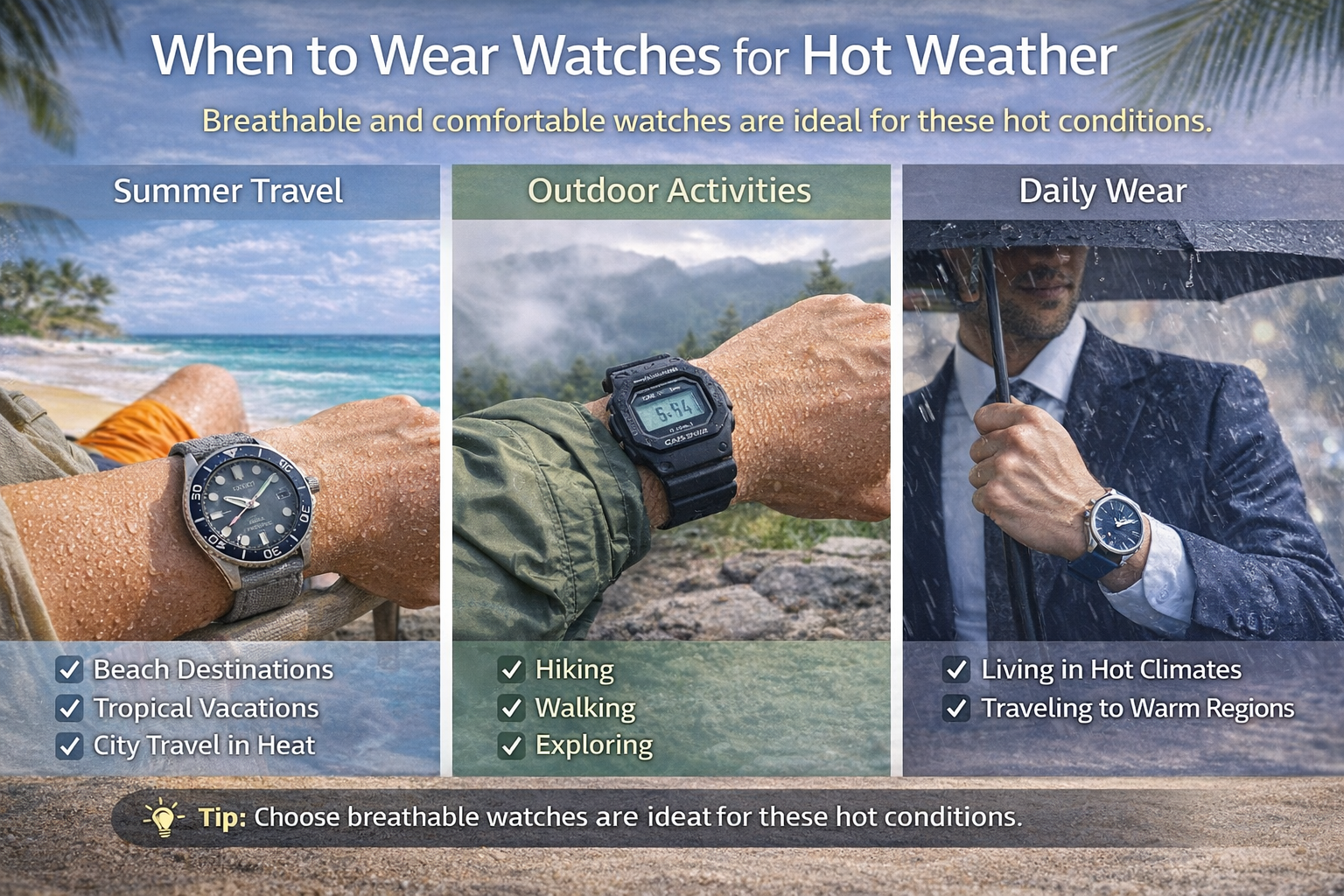 hot weather watch usage scenarios including beach travel hiking and daily wear in hot and humid climates