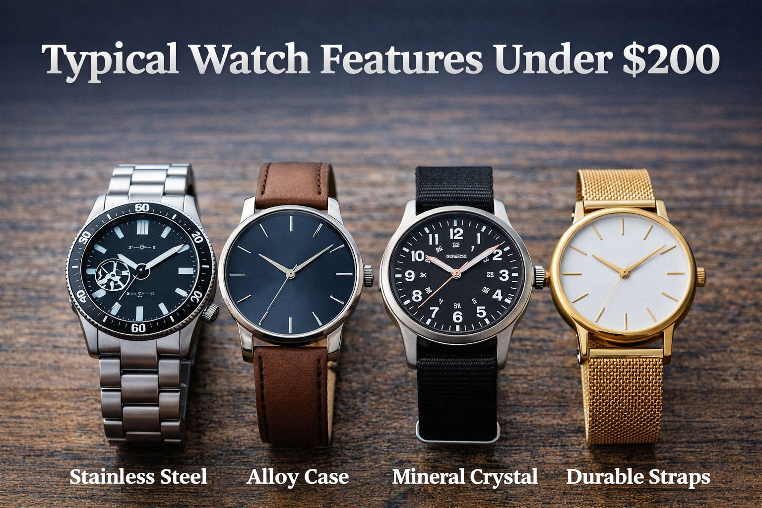 what to expect in watches under 200 showing stainless steel alloy case mineral crystal and durable straps comparison