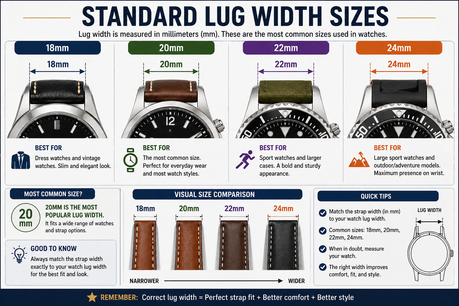 watch lug width size chart showing 18mm 20mm 22mm 24mm strap widths with comparison guide best uses and fit tips