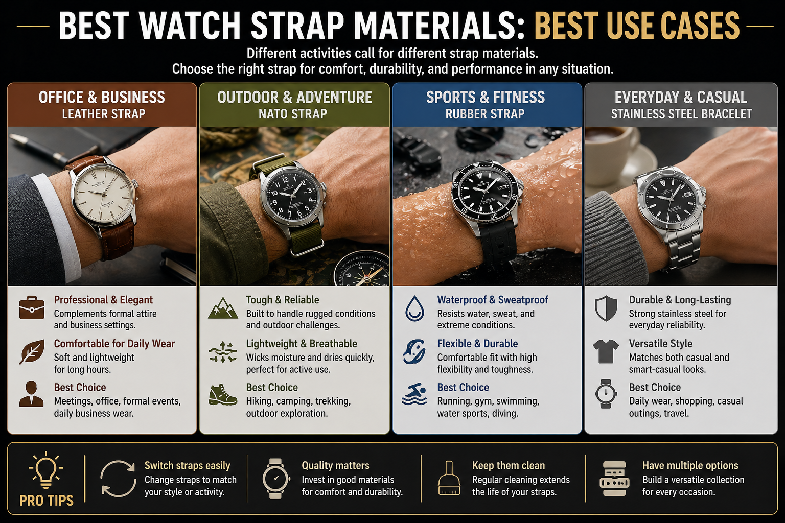 watch strap materials use cases showing leather office style nato outdoor rubber sports and stainless steel everyday wear scenarios