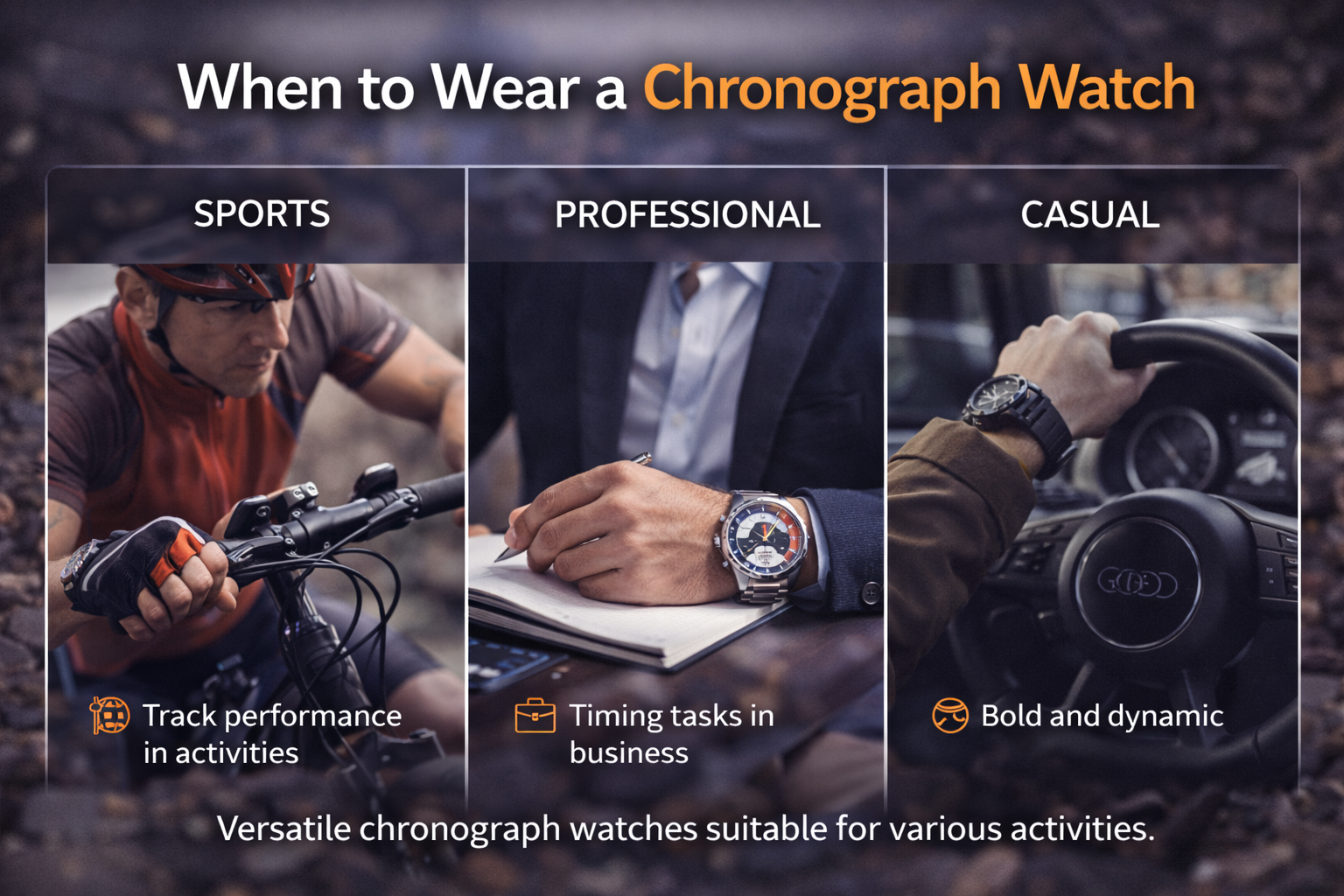 chronograph watches used in sports activities business settings and casual daily wear for men