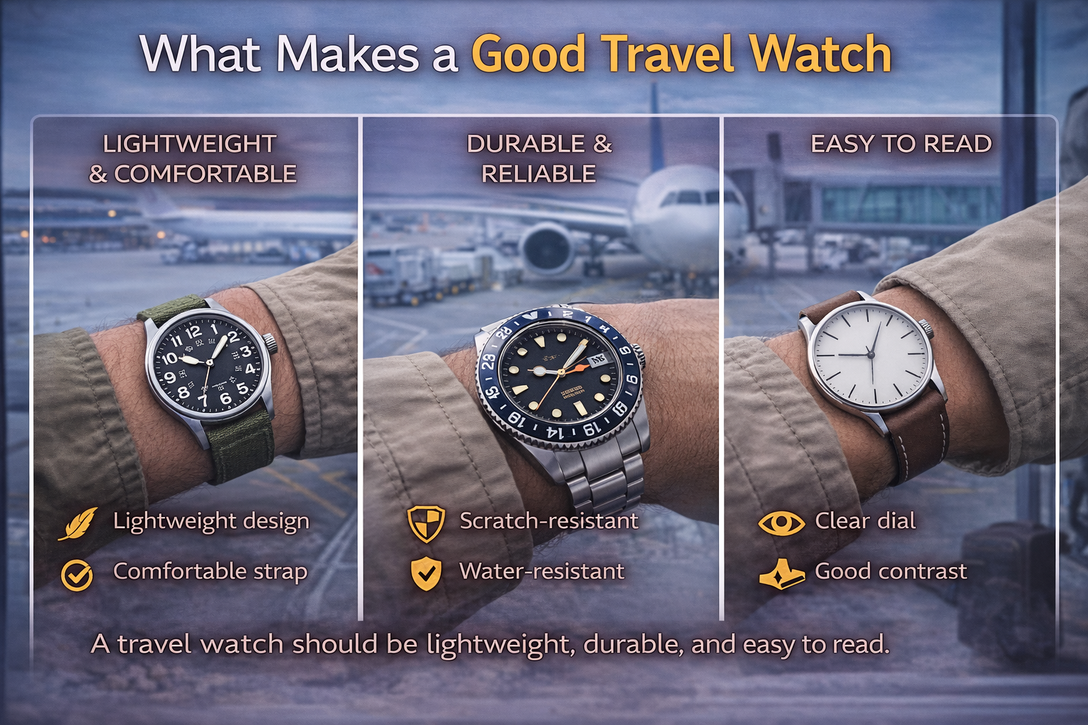 travel watch features including lightweight comfort durable materials and easy to read dial for travel and outdoor use