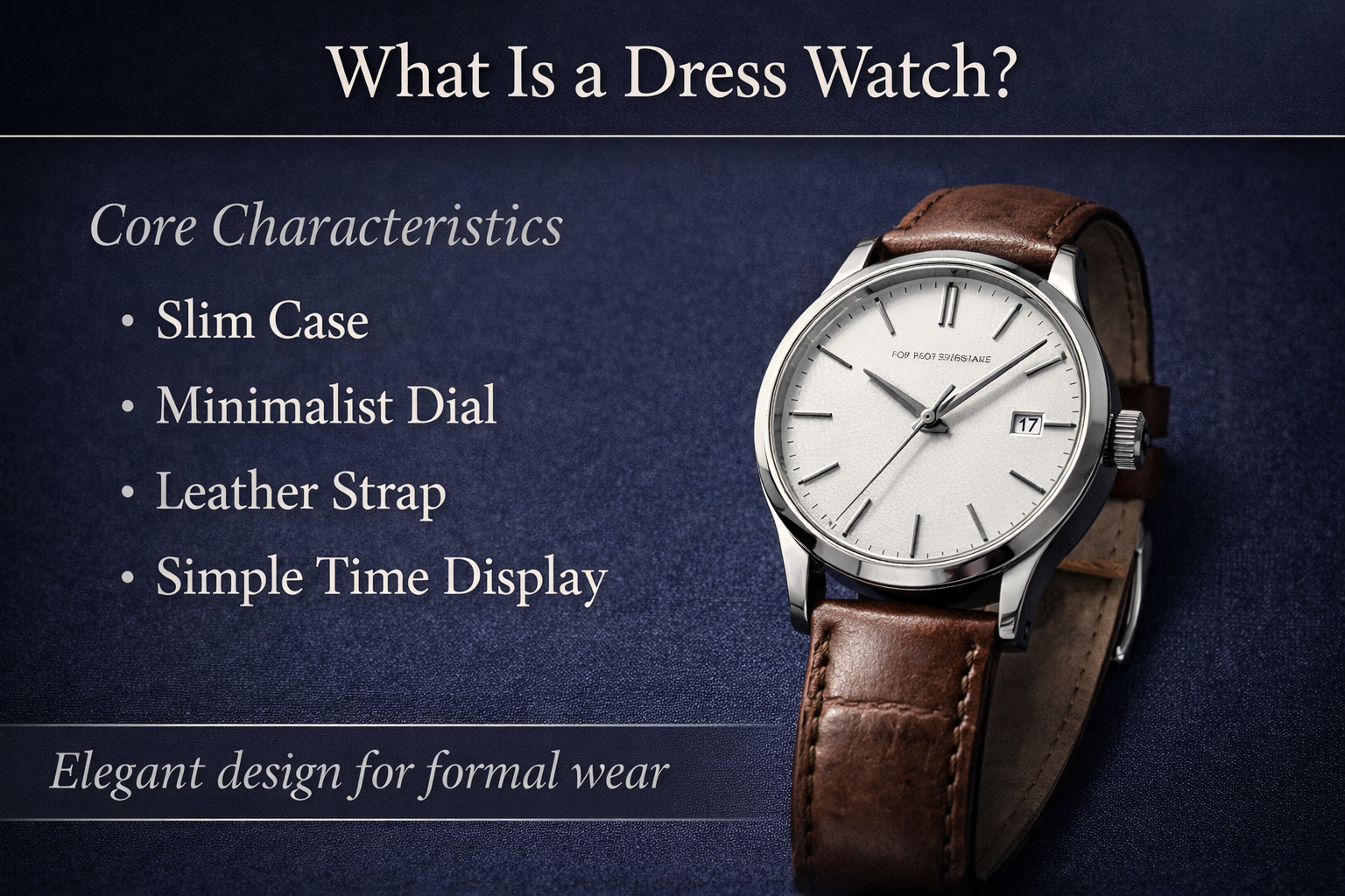 infographic explaining what a dress watch is with slim case minimalist dial leather strap and elegant design for formal wear