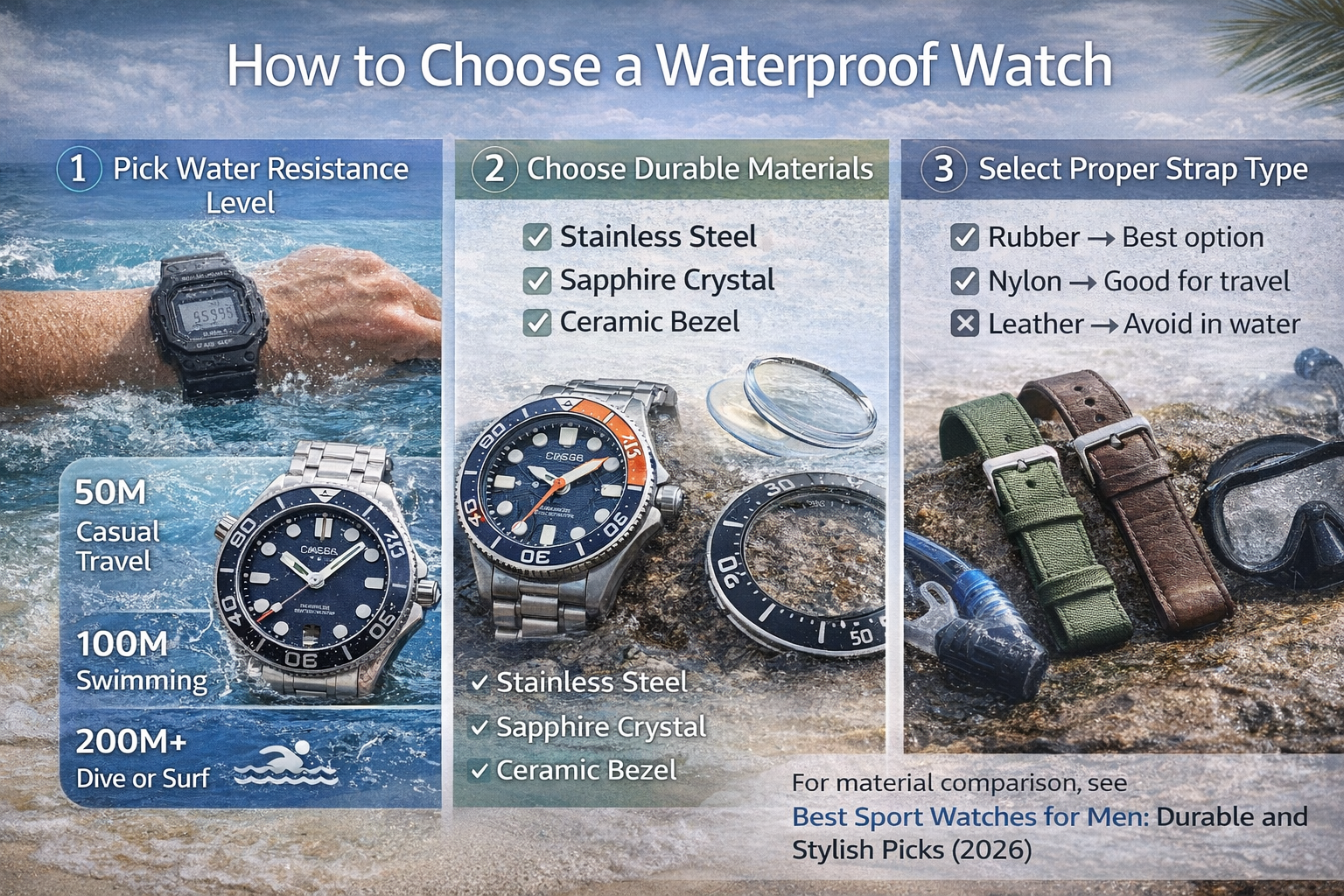waterproof watch buying guide including 50m 100m 200m water resistance materials like stainless steel and strap options for travel