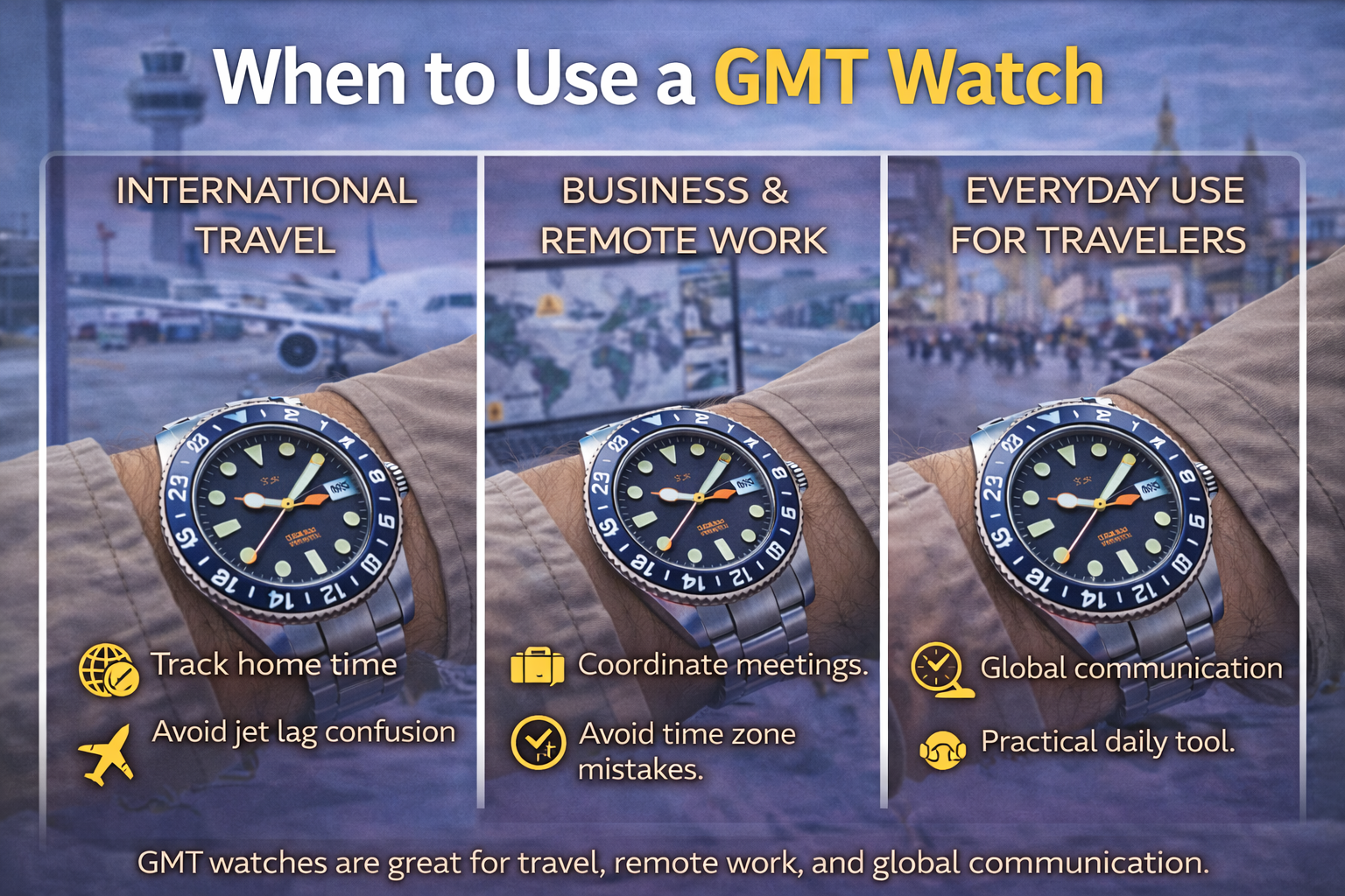 when to use a gmt watch showing international travel remote work and everyday global communication use cases