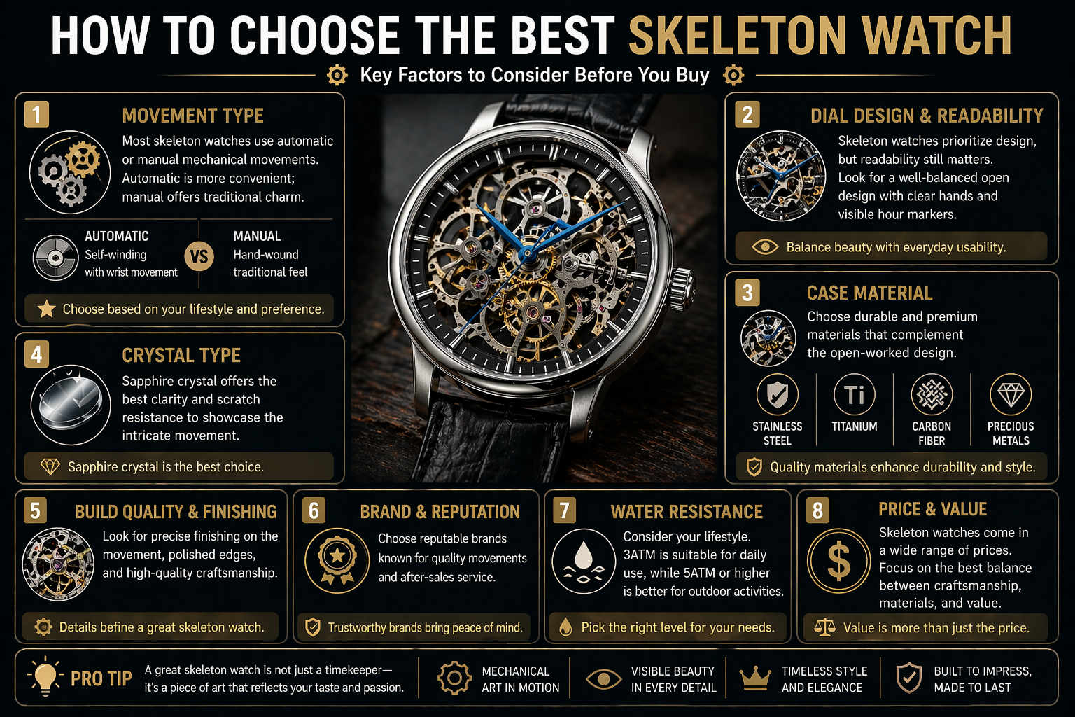 how to choose a skeleton watch including automatic vs manual movement dial readability case material sapphire crystal and build quality