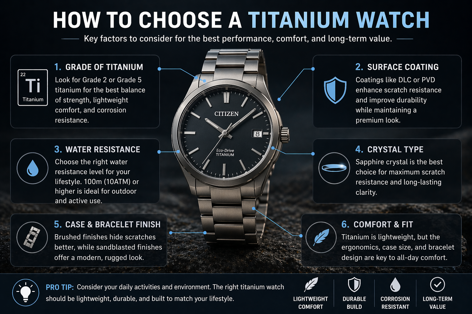 how to choose a titanium watch including titanium grade coating water resistance comfort and sapphire crystal features