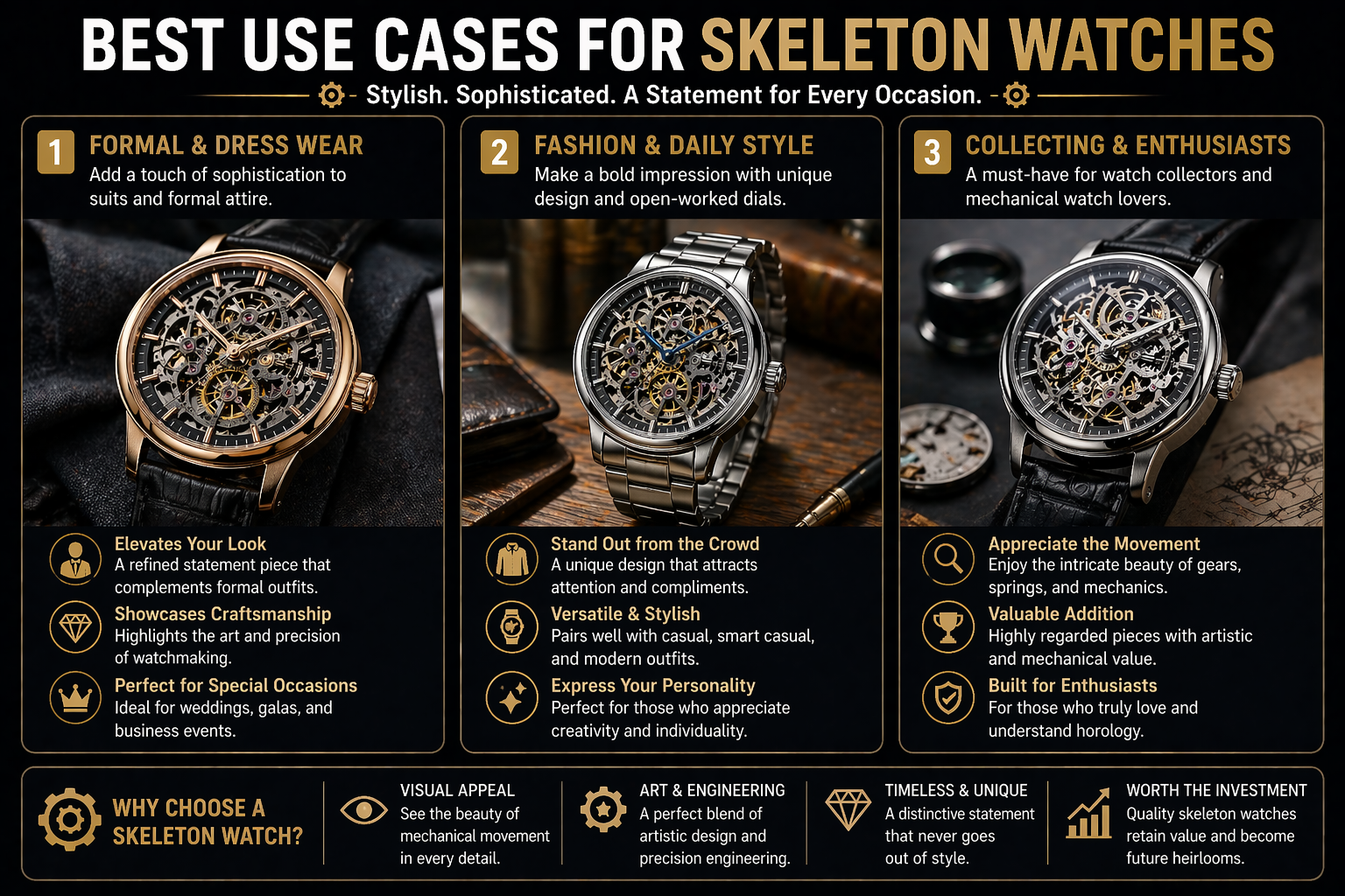 skeleton watch use cases showing stylish open heart watches for formal wear fashion outfits and watch collectors