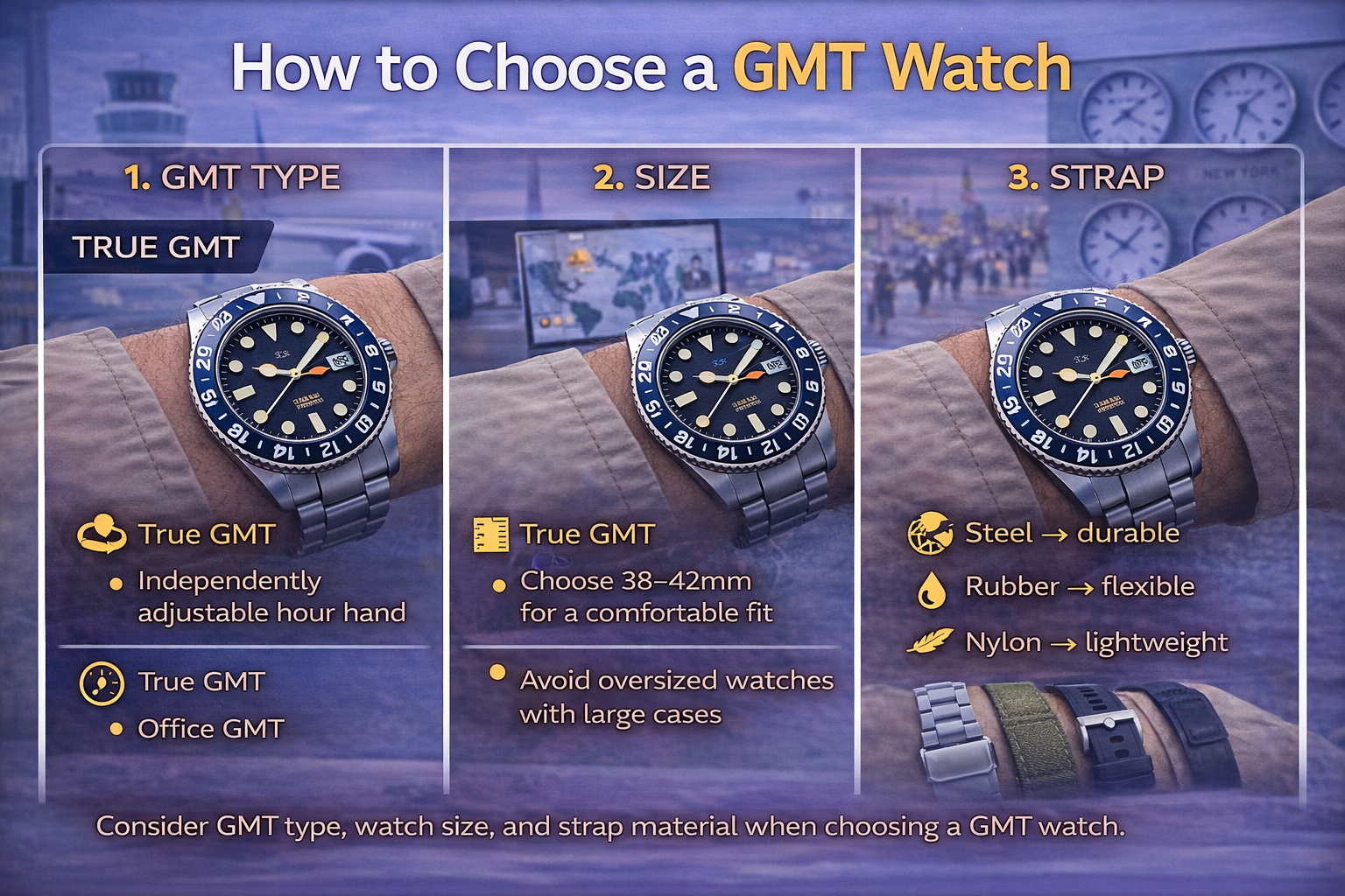gmt watch buying guide including true gmt versus office gmt case size and strap options for travel and daily wear
