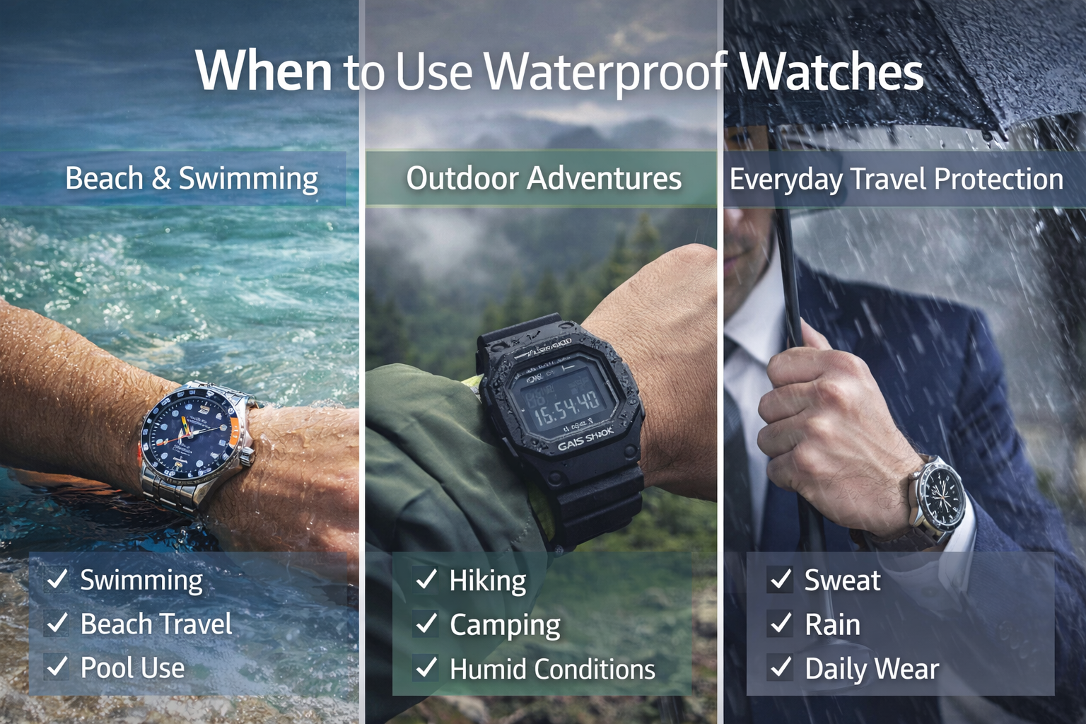 waterproof watch usage scenarios including swimming hiking rain and daily wear for travel conditions