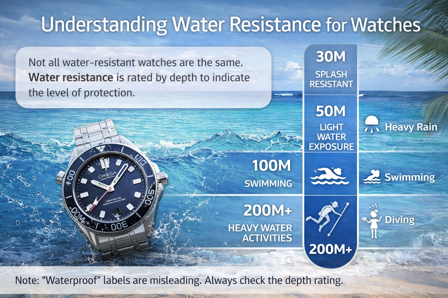 waterproof watch ratings explained including 30m splash resistance 50m light swimming and 100m plus for travel and outdoor use