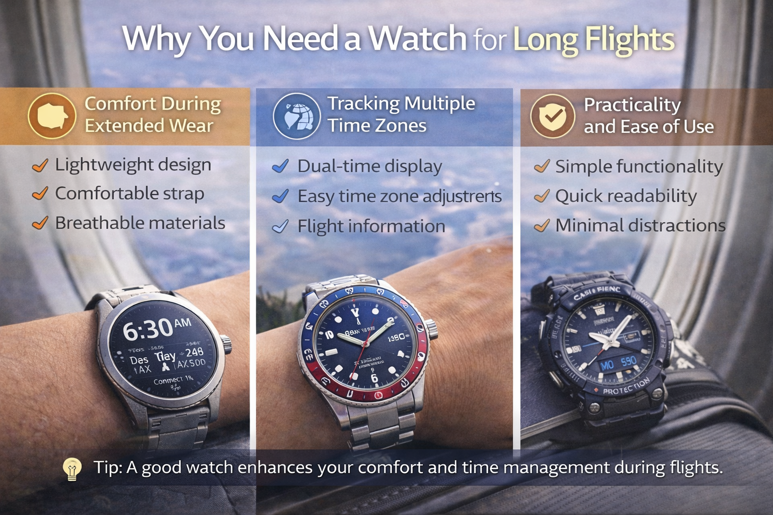 long flight watch benefits including comfort during extended wear tracking multiple time zones and practical easy to read design for travel