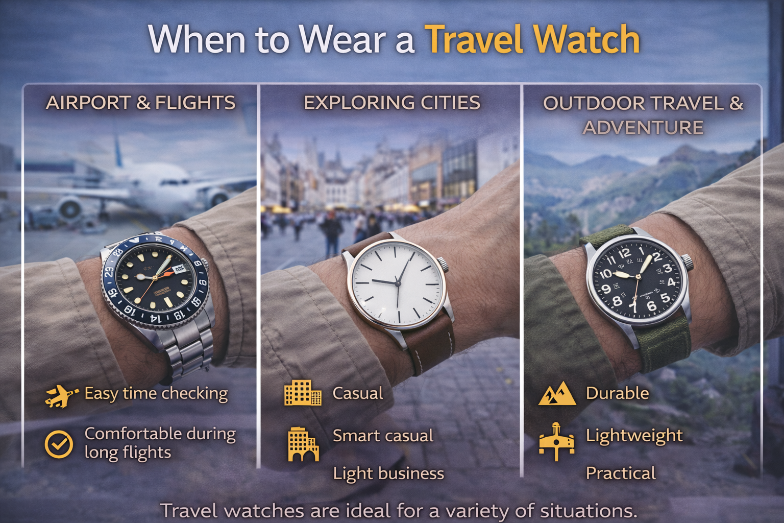when to wear a travel watch showing airport flights city exploration and outdoor travel adventure for men