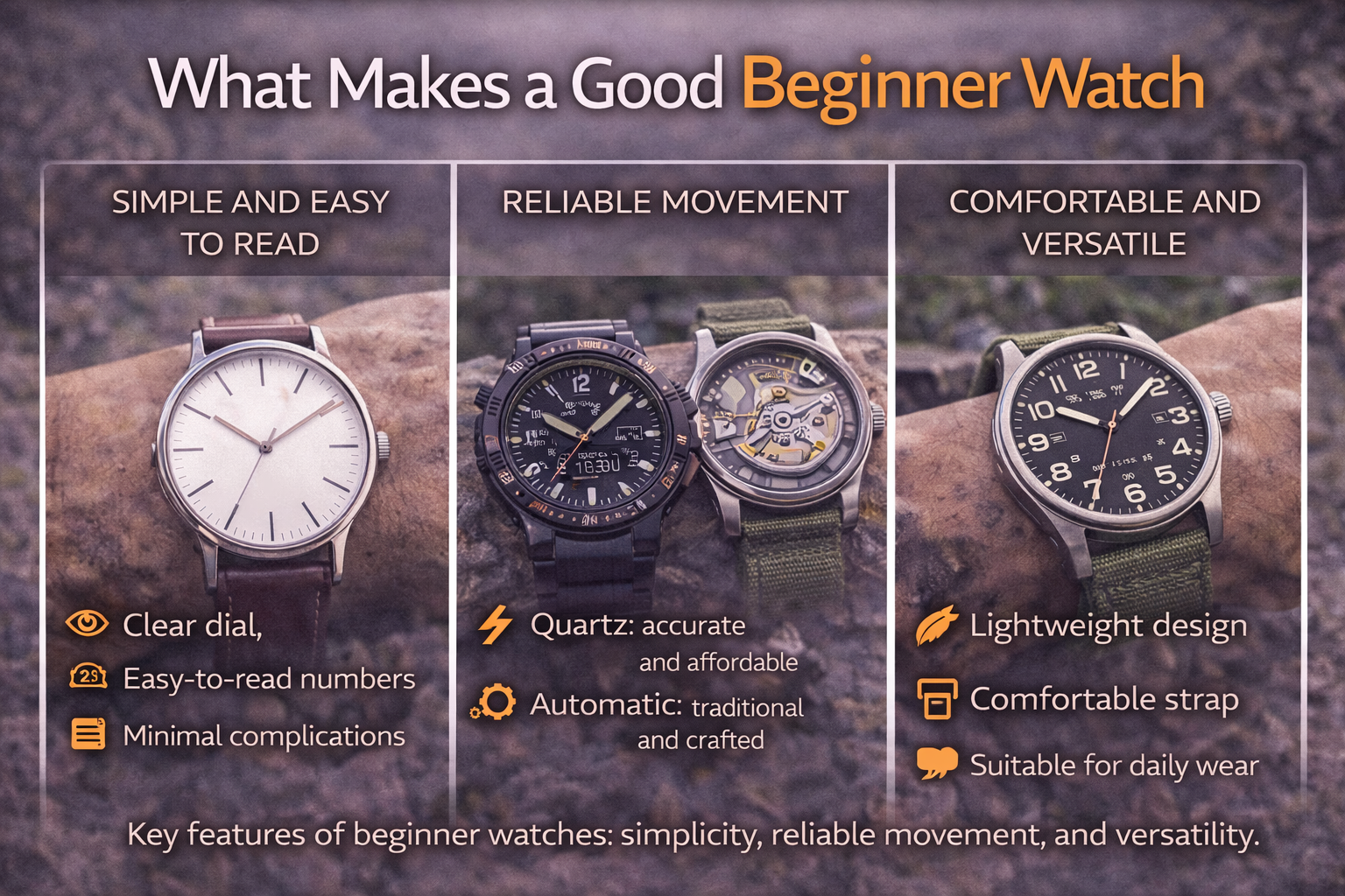 beginner watch features including simple dial reliable quartz or automatic movement and comfortable everyday wear design
