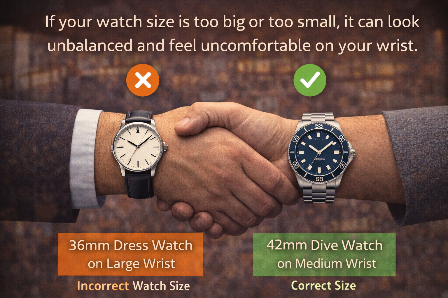 watch size guide infographic comparing incorrect small watch fit and correct watch size on wrist for better balance and comfort
