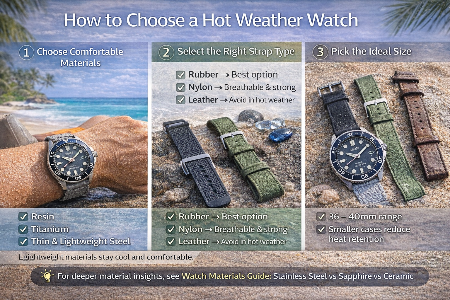 hot weather watch buying guide showing lightweight materials rubber and nylon straps and ideal 36 to 40mm watch size for travel