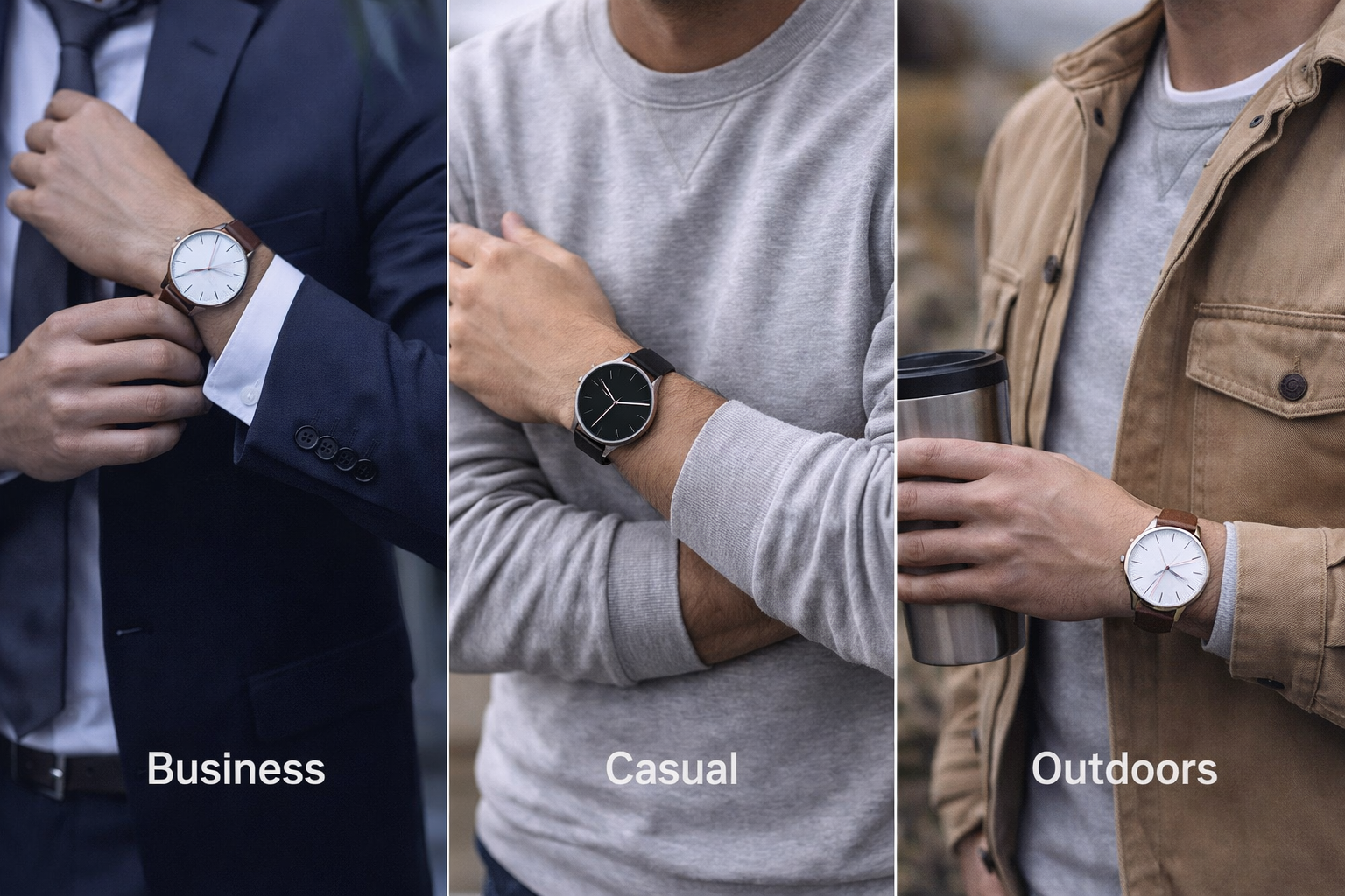 minimalist watches for men in business casual and outdoor lifestyle showing versatile everyday style