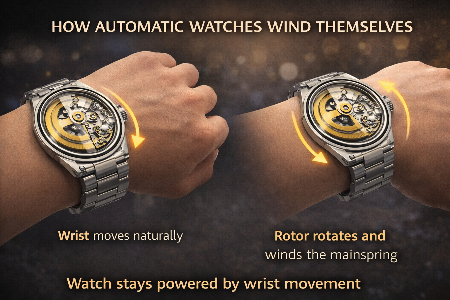 how automatic watch rotor works diagram illustrating wrist motion powering mainspring in a self winding watch