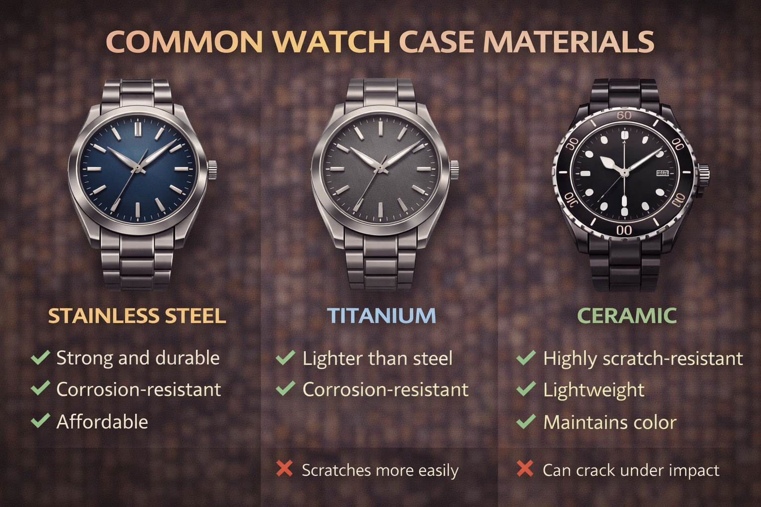 infographic comparing watch case materials stainless steel titanium and ceramic highlighting durability weight scratch resistance and affordability