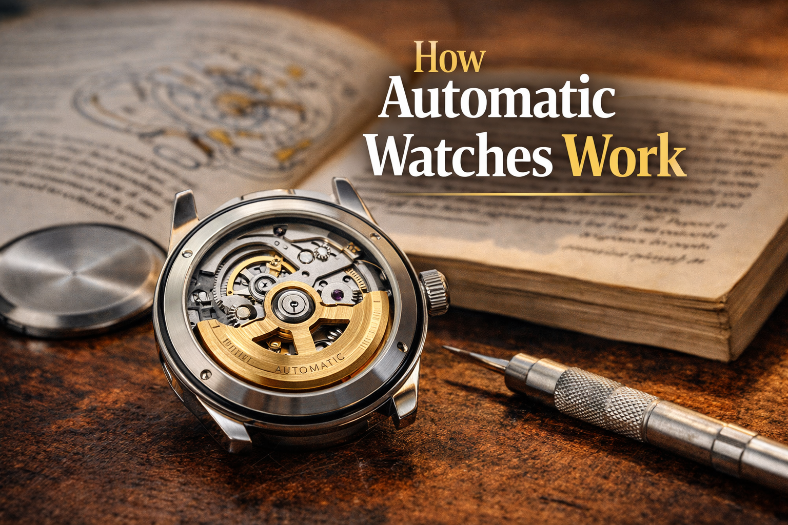 automatic watch movement close up showing rotor gears and internal mechanical components of a luxury watch