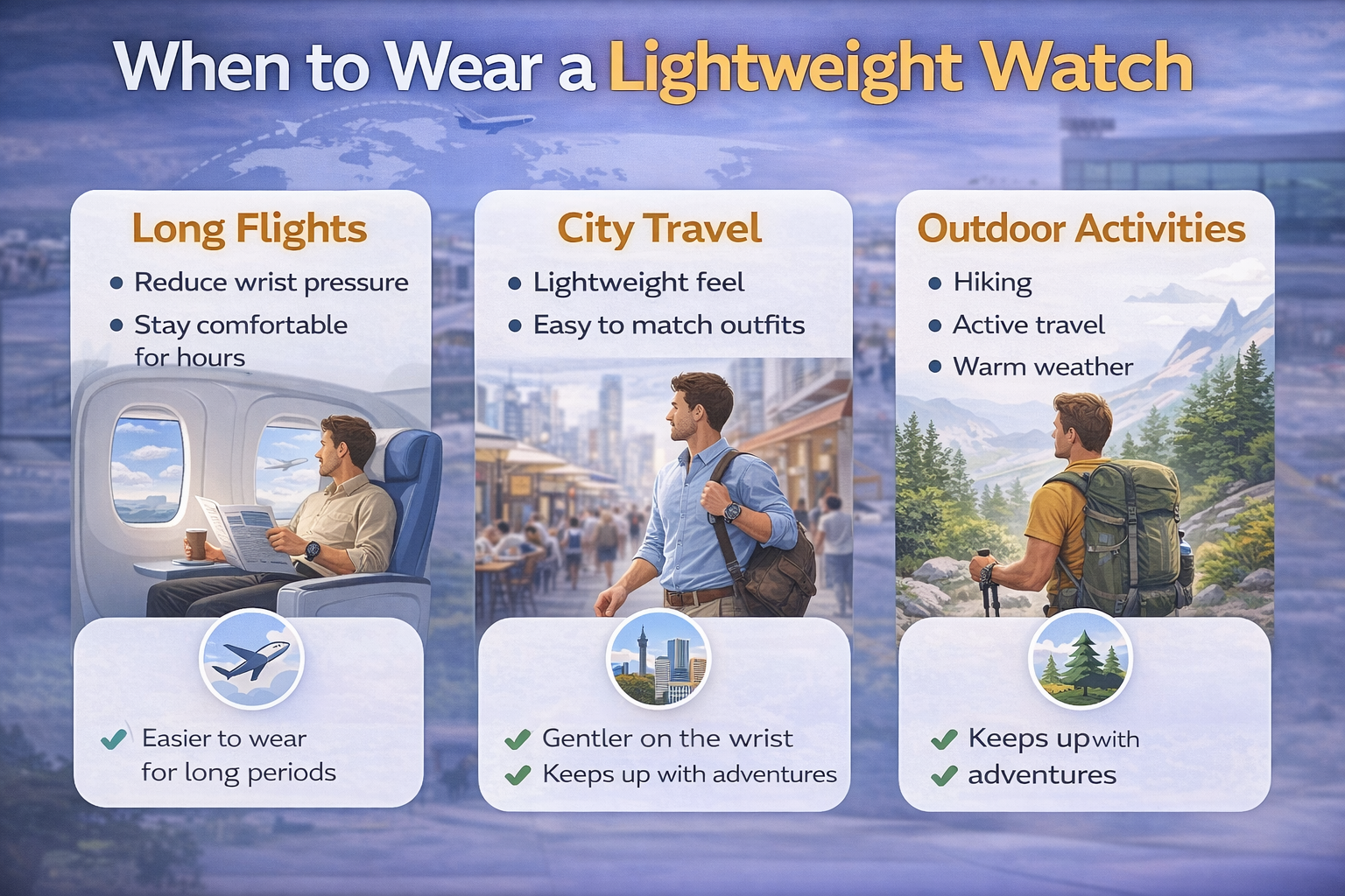lightweight travel watch usage scenarios including flights city walking and outdoor adventure for comfort and durability