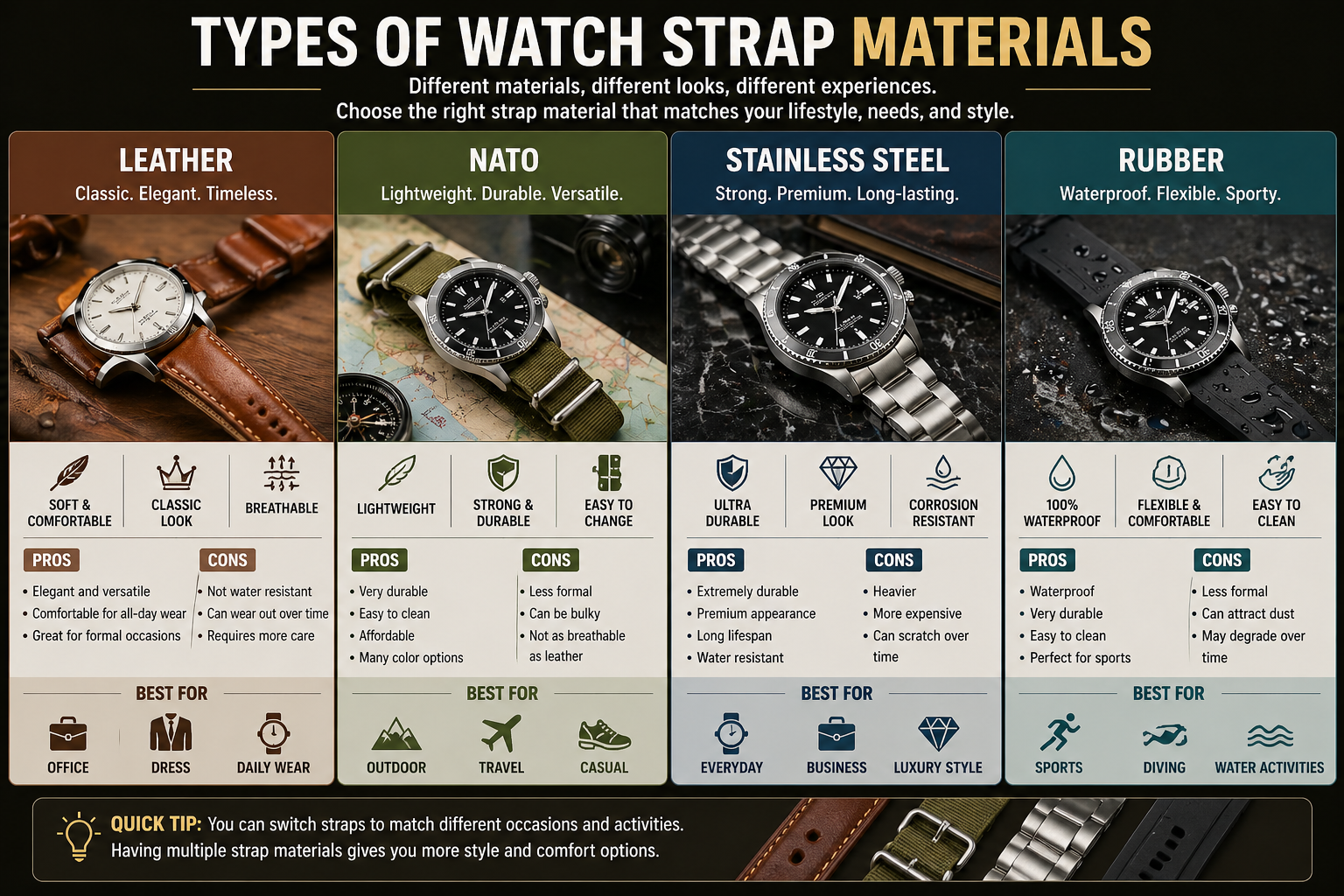 watch strap materials comparison showing leather nato stainless steel and rubber straps with pros cons features and best use cases
