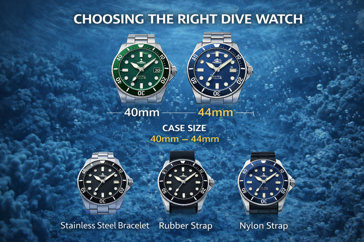 how to choose a dive watch infographic showing case sizes 40mm to 44mm and strap options stainless steel bracelet rubber strap and nylon strap