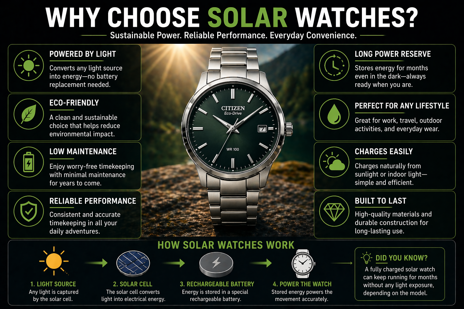 why choose solar watches showing light powered charging eco friendly low maintenance benefits and how solar watch technology works