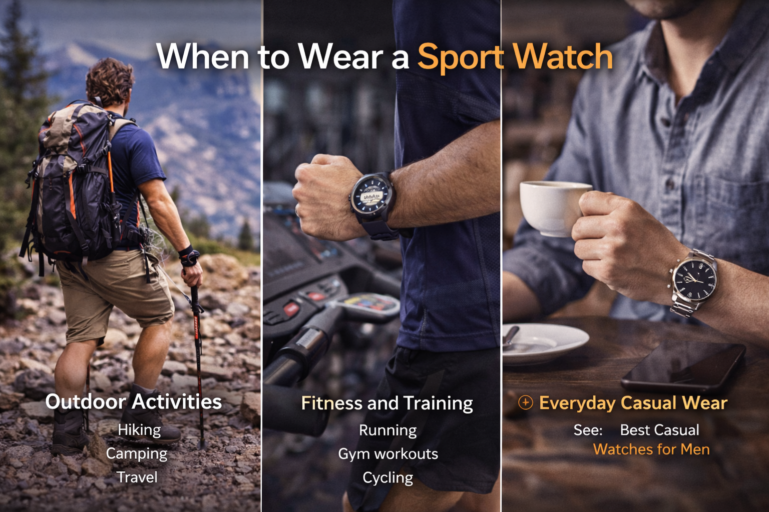 when to wear a sport watch showing outdoor hiking gym training and casual daily use for men