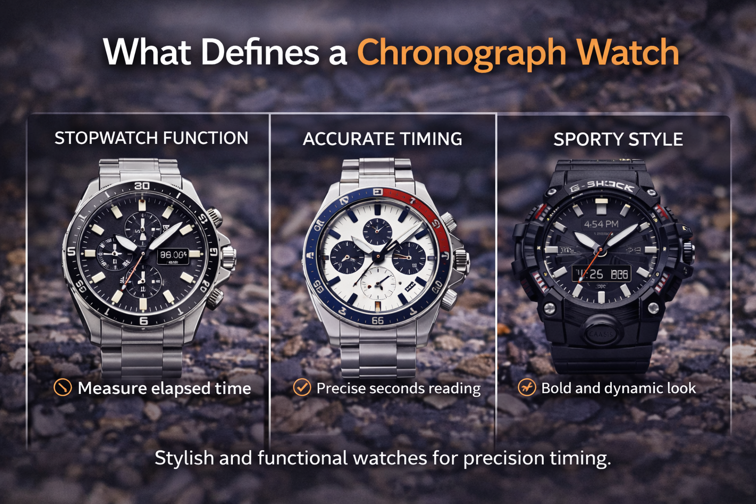 chronograph watch features including stopwatch, precise timing, and sporty style for men's active and formal use
