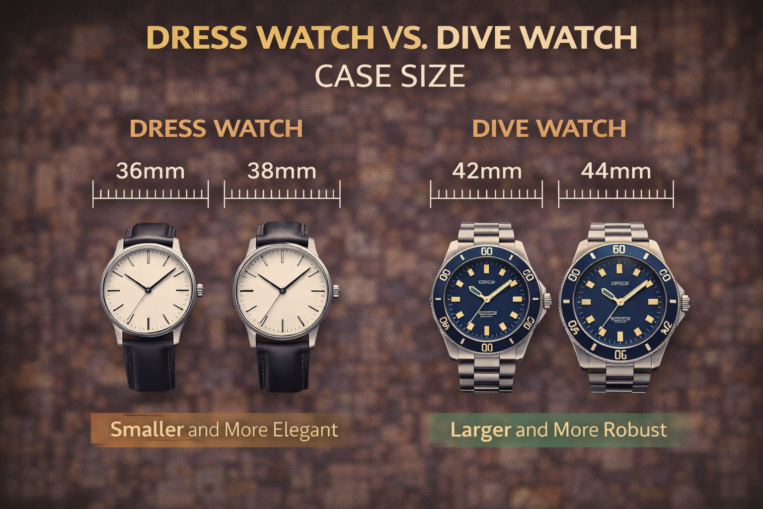 watch case size comparison infographic showing smaller dress watches and larger dive watches for different styles and wrist sizes