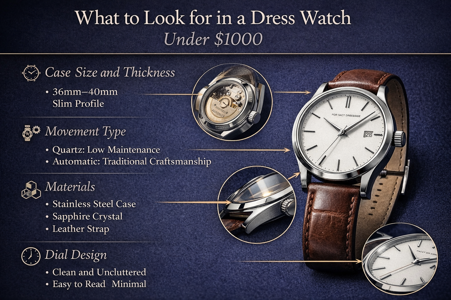 infographic showing what to look for in a dress watch including case size thickness movement materials and dial design under 1000 dollars