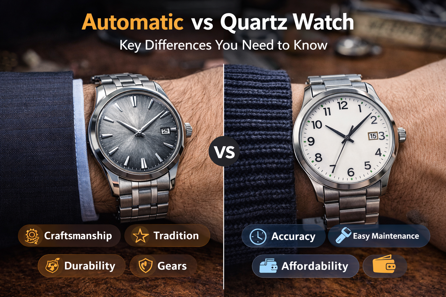 automatic vs quartz watch comparison on wrist showing mechanical craftsmanship and quartz accuracy for everyday use