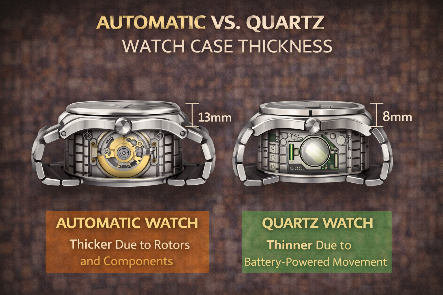 watch thickness comparison infographic showing automatic watch with rotor being thicker and quartz watch being thinner with battery movement